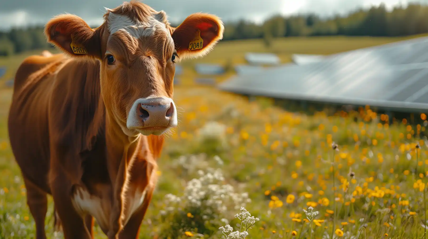 Vacas de la raza Limousin en un campo con paneles solares